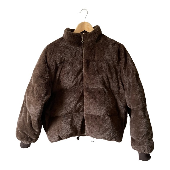 STINE GOYA Aria Fleece Puffer Jacket Dark Brown Faux Fur Coat Size Large - Picture 6 of 16